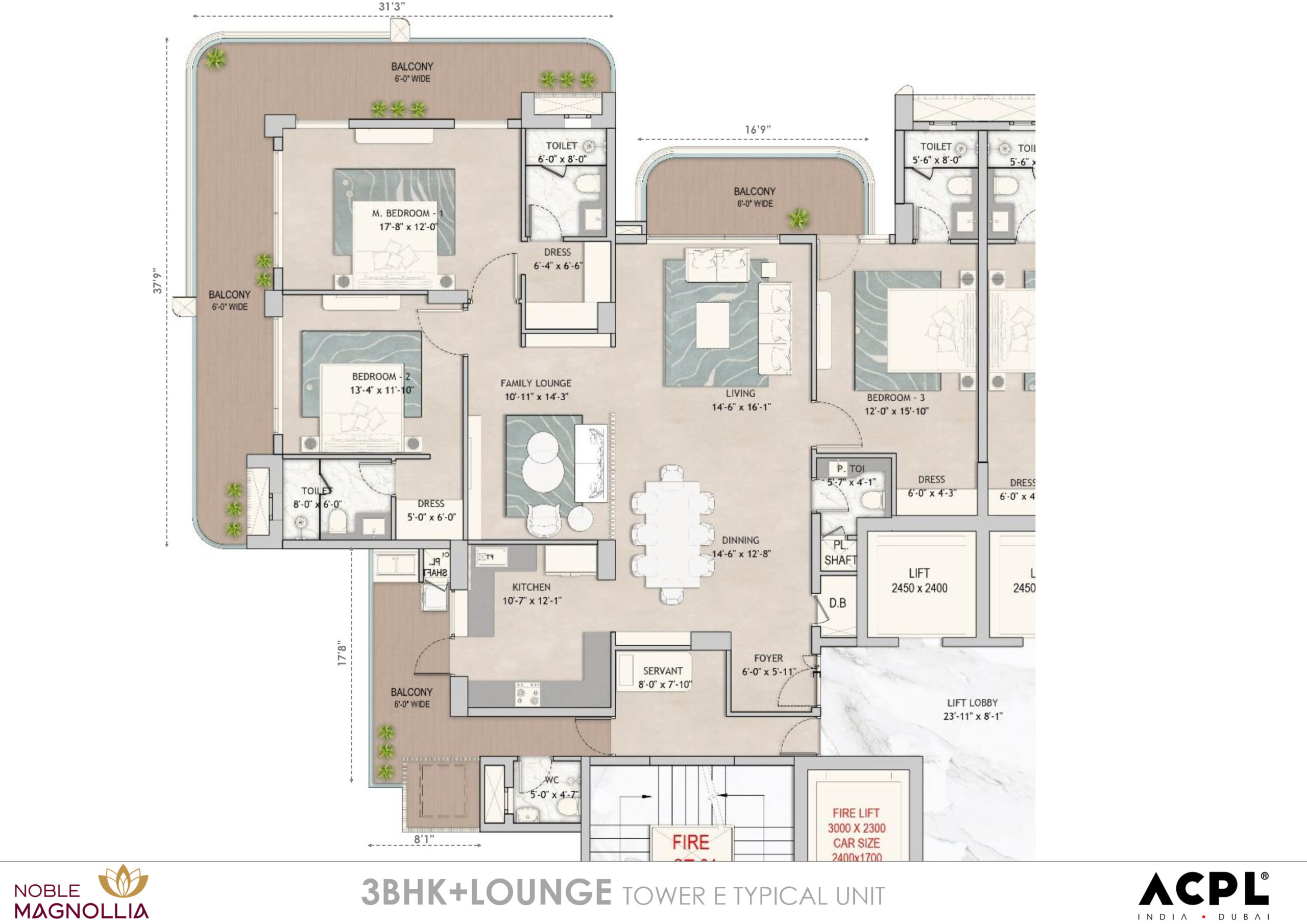 Noble Magnollia 3 BHK Floor Plan Blueprint
